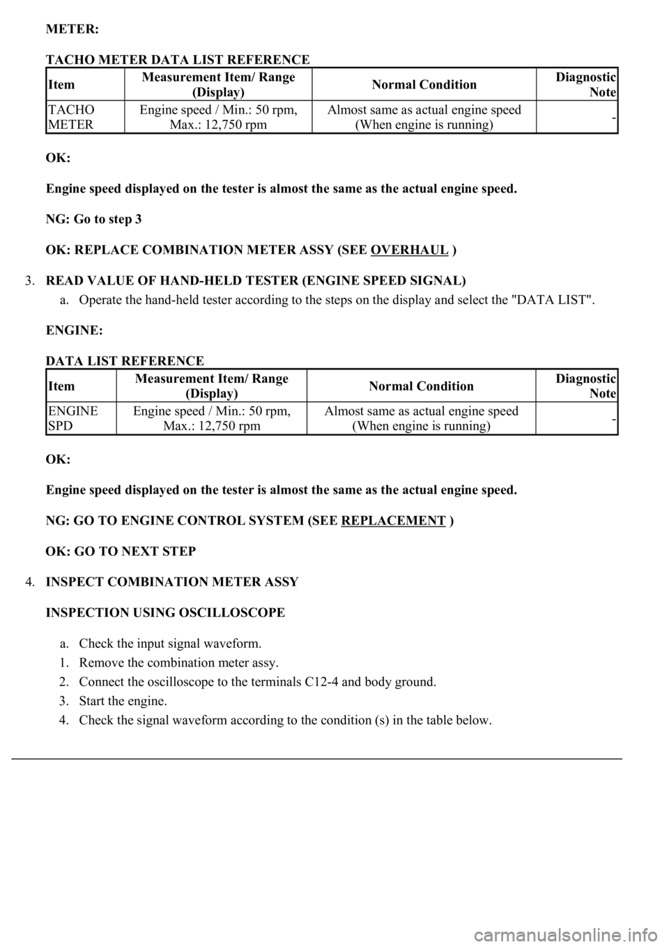 LEXUS LS430 2003  Factory Repair Manual METER:  
TACHO METER DATA LIST REFERENCE 
OK:  
Engine speed displayed on the tester is almost the same as the actual engine speed.  
NG: Go to step 3  
OK: REPLACE COMBINATION METER ASSY (SEE OVERHAU