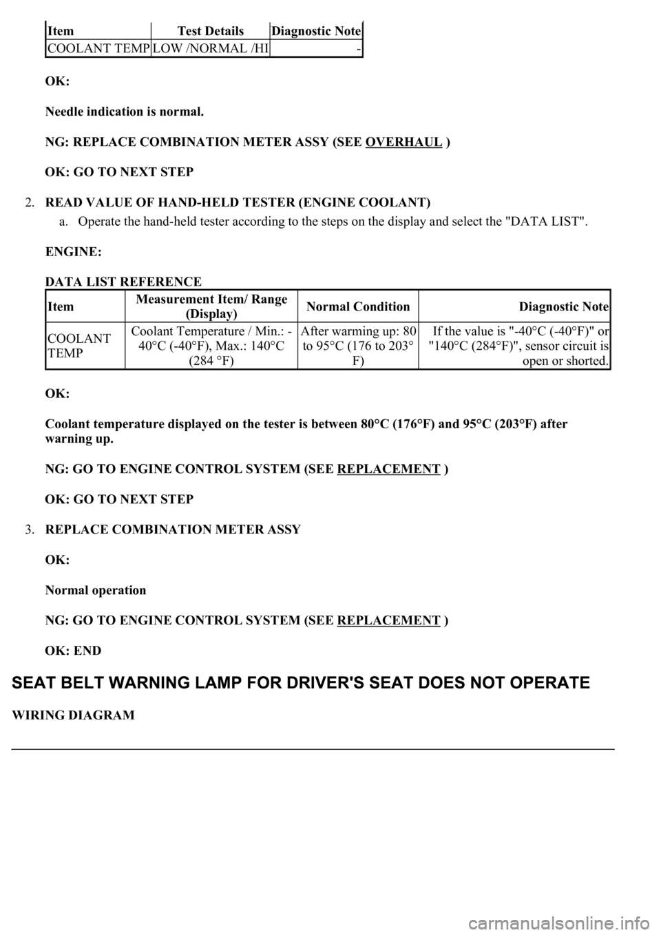 LEXUS LS430 2003  Factory Repair Manual OK:  
Needle indication is normal.  
NG: REPLACE COMBINATION METER ASSY (SEE OVERHAUL
 )  
OK: GO TO NEXT STEP  
2.READ VALUE OF HAND-HELD TESTER (ENGINE COOLANT) 
a. Operate the hand-held tester acco