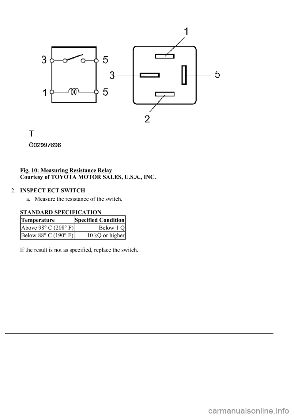 LEXUS LS430 2003  Factory Repair Manual Fig. 10: Measuring Resistance Relay 
Courtesy of TOYOTA MOTOR SALES, U.S.A., INC. 
2.INSPECT ECT SWITCH 
a. Measure the resistance of the switch.  
STANDARD SPECIFICATION 
If the result is not as spec