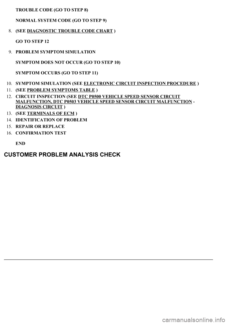 LEXUS LS430 2003  Factory Repair Manual TROUBLE CODE (GO TO STEP 8)
NORMAL SYSTEM CODE (GO TO STEP 9)  
8.(SEE DIAGNOSTIC TROUBLE CODE CHART
 ) 
GO TO STEP 12  
9.PROBLEM SYMPTOM SIMULATION 
SYMPTOM DOES NOT OCCUR (GO TO STEP 10)  
SYMPTOM 