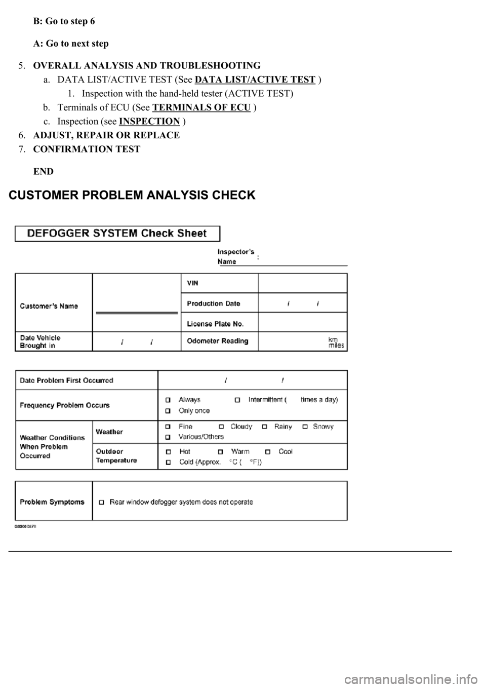 LEXUS LS430 2003  Factory Repair Manual B: Go to step 6  
A: Go to next step  
5.OVERALL ANALYSIS AND TROUBLESHOOTING 
a. DATA LIST/ACTIVE TEST (See DATA LIST/ACTIVE TEST
 ) 
1. Inspection with the hand-held tester (ACTIVE TEST)  
b. Termin
