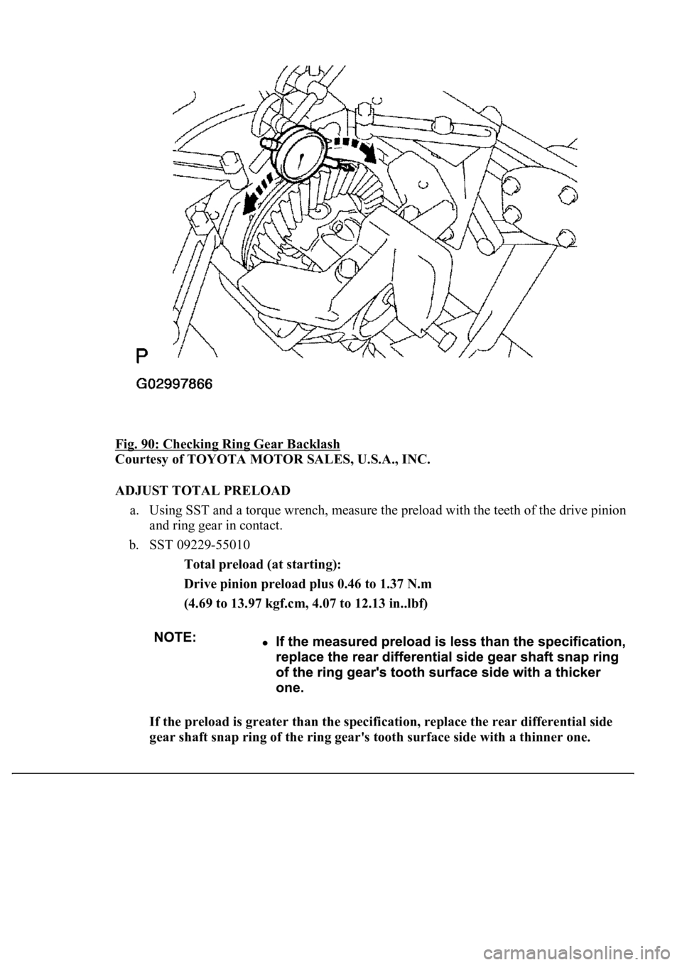 LEXUS LS430 2003  Factory Repair Manual Fig. 90: Checking Ring Gear Backlash 
Courtesy of TOYOTA MOTOR SALES, U.S.A., INC. 
ADJUST TOTAL PRELOAD 
a. Using SST and a torque wrench, measure the preload with the teeth of the drive pinion 
and 