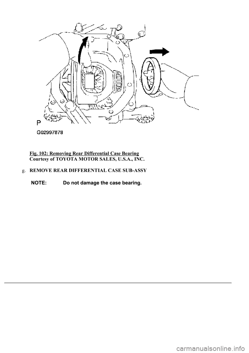LEXUS LS430 2003  Factory Repair Manual Fig. 102: Removing Rear Differential Case Bearing 
Courtesy of TOYOTA MOTOR SALES, U.S.A., INC. 
g.REMOVE REAR DIFFERENTIAL CASE SUB-ASSY  