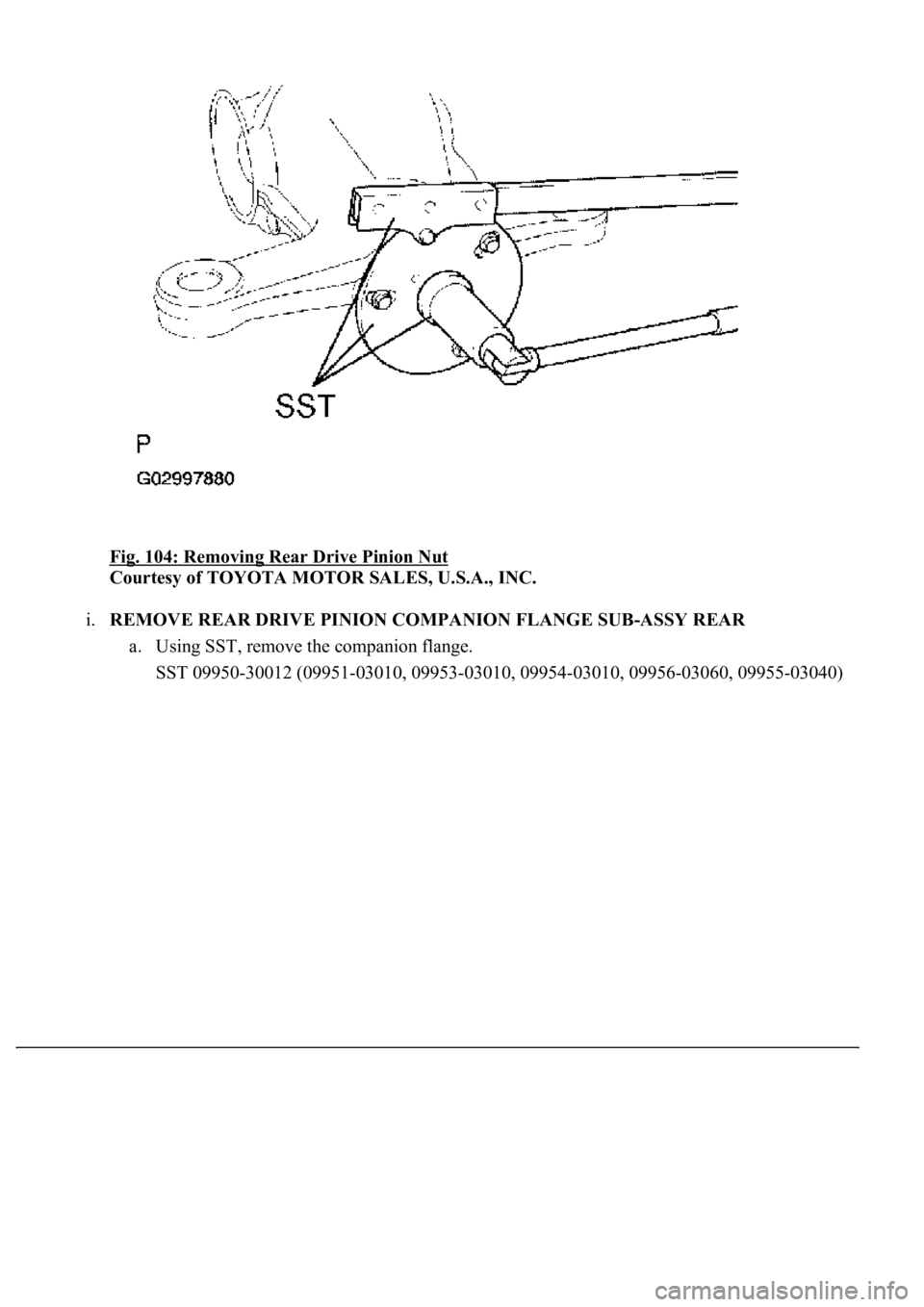 LEXUS LS430 2003  Factory Repair Manual Fig. 104: Removing Rear Drive Pinion Nut 
Courtesy of TOYOTA MOTOR SALES, U.S.A., INC. 
i.REMOVE REAR DRIVE PINION COMPANION FLANGE SUB-ASSY REAR 
a. Using SST, remove the companion flange.  
<0036003