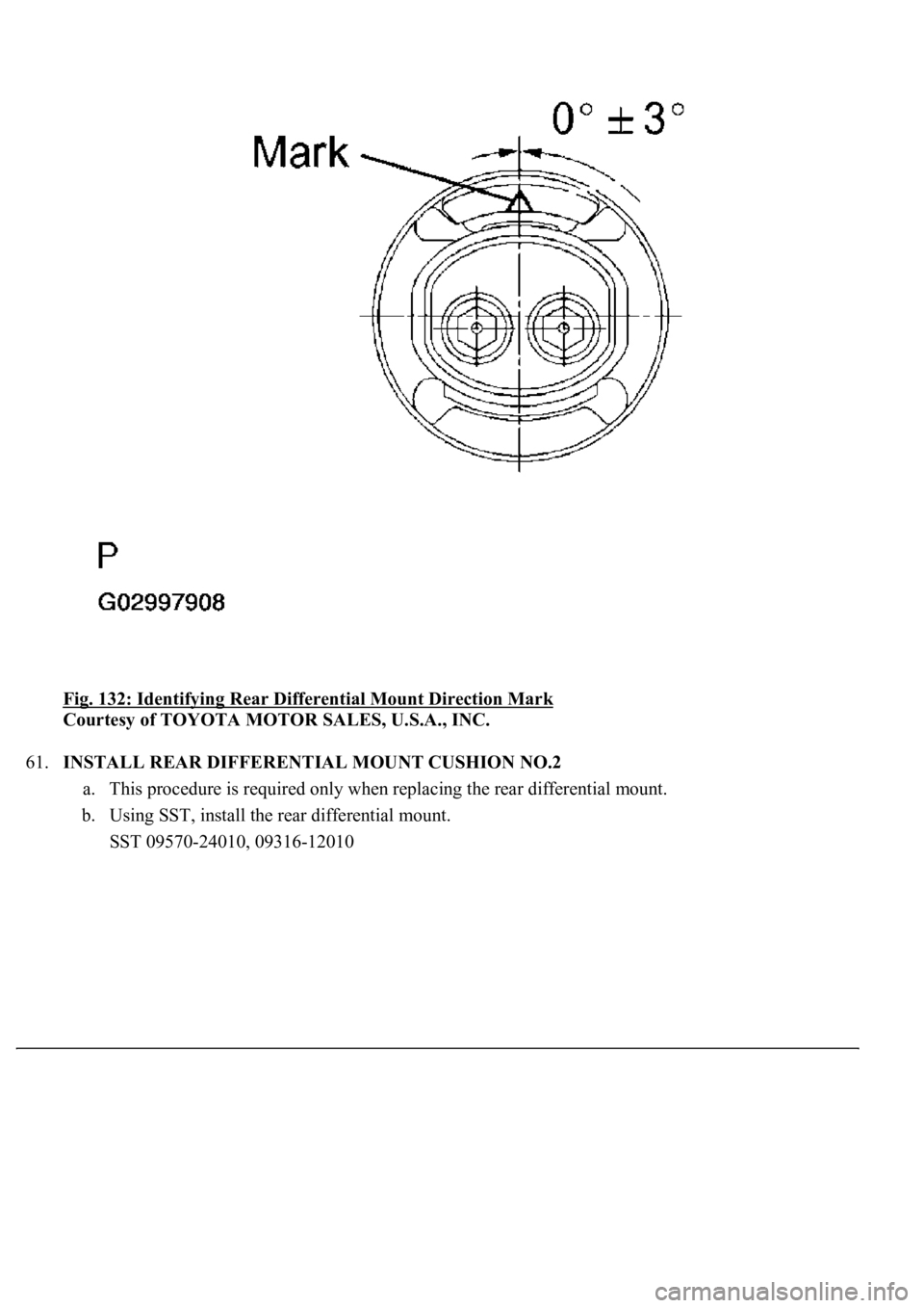 LEXUS LS430 2003  Factory Repair Manual Fig. 132: Identifying Rear Differential Mount Direction Mark 
Courtesy of TOYOTA MOTOR SALES, U.S.A., INC. 
61.INSTALL REAR DIFFERENTIAL MOUNT CUSHION NO.2 
a. This procedure is required only when rep