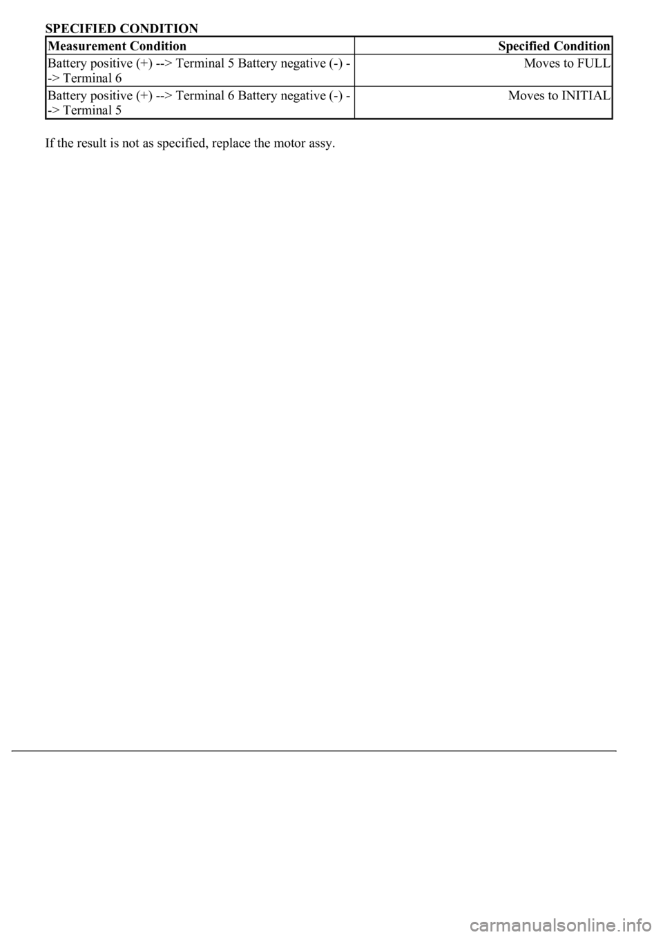 LEXUS LS430 2003  Factory Repair Manual SPECIFIED CONDITION 
If the result is not as specified, replace the motor assy.
Measurement ConditionSpecified Condition
Battery positive (+) --> Terminal 5 Battery negative (-) -
-> Terminal 6Moves t