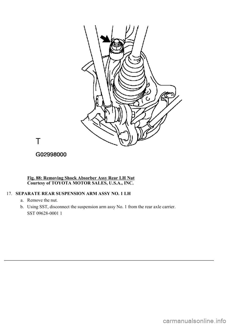 LEXUS LS430 2003  Factory Repair Manual Fig. 88: Removing Shock Absorber Assy Rear LH Nut 
Courtesy of TOYOTA MOTOR SALES, U.S.A., INC. 
17.SEPARATE REAR SUSPENSION ARM ASSY NO. 1 LH 
a. Remove the nut.  
b. Using SST, disconnect the suspen