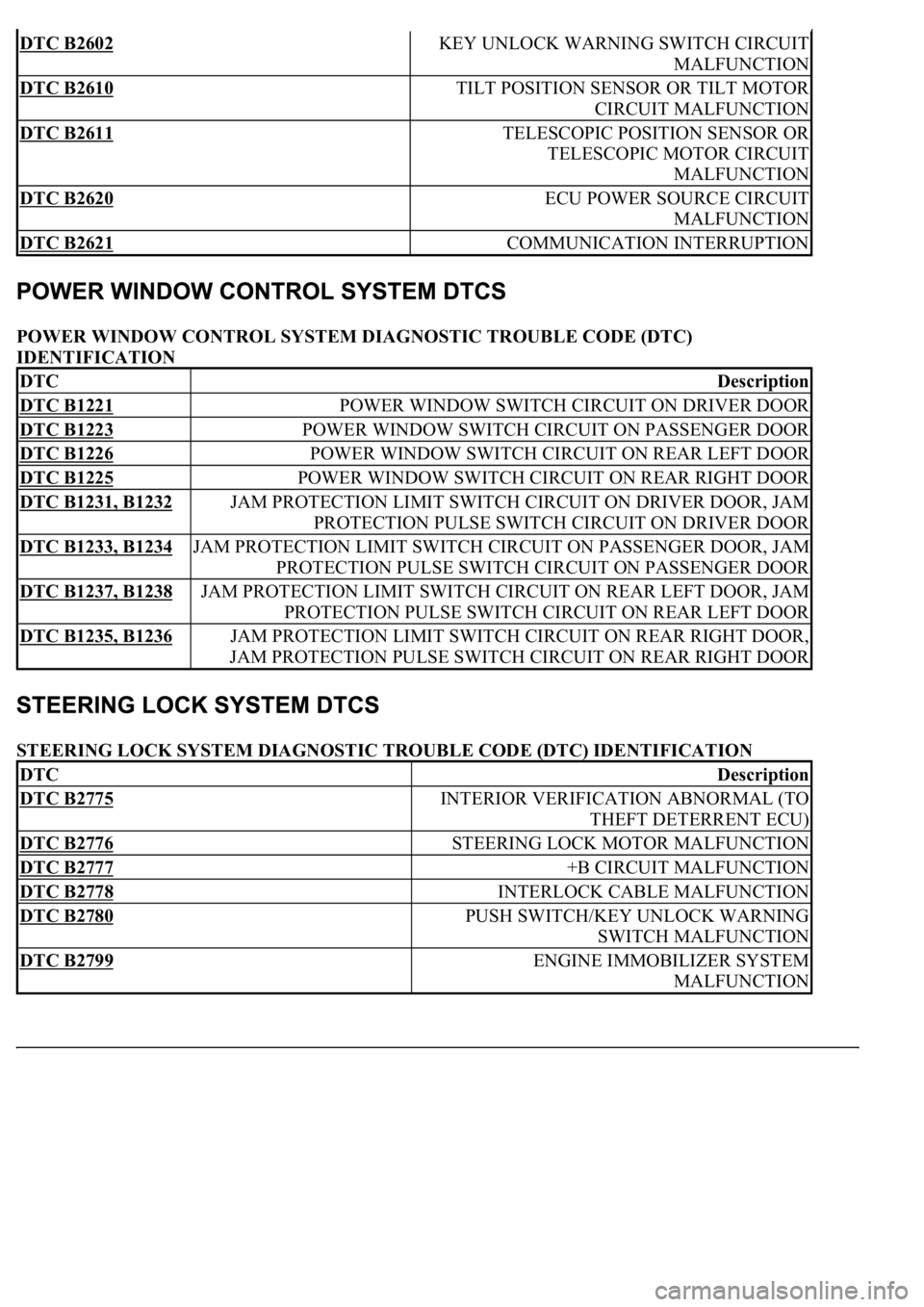 LEXUS LS430 2003  Factory Repair Manual POWER WINDOW CONTROL SYSTEM DIAGNOSTIC TROUBLE CODE (DTC) 
IDENTIFICATION 
STEERING LOCK SYSTEM DIAGNOSTIC TROUBLE CODE (DTC) IDENTIFICATION 
DTC B2602 KEY UNLOCK WARNING SWITCH CIRCUIT 
MALFUNCTION
D