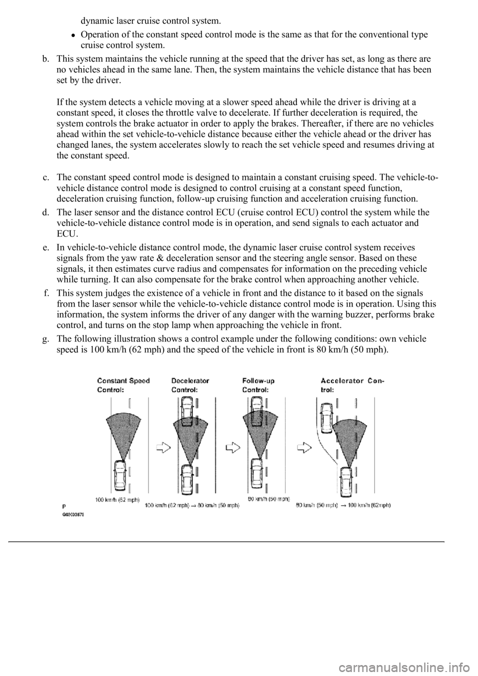 LEXUS LS430 2003  Factory Repair Manual dynamic laser cruise control system. 
Operation of the constant speed control mode is the same as that for the conventional type 
cruise control system.  
b. This system maintains the vehicle running 