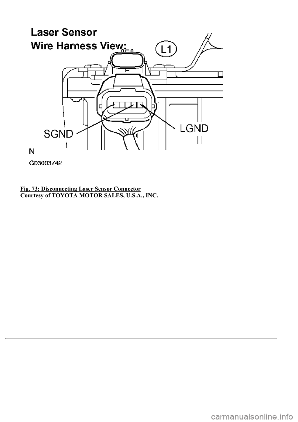 LEXUS LS430 2003  Factory Repair Manual Fig. 73: Disconnecting Laser Sensor Connector 
Courtesy of TOYOTA MOTOR SALES, U.S.A., INC. 