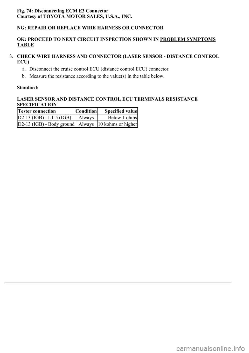 LEXUS LS430 2003  Factory Repair Manual Fig. 74: Disconnecting ECM E3 Connector
Courtesy of TOYOTA MOTOR SALES, U.S.A., INC. 
NG: REPAIR OR REPLACE WIRE HARNESS OR CONNECTOR  
OK: PROCEED TO NEXT CIRCUIT INSPECTION SHOWN IN PROBLEM SYMPTOMS