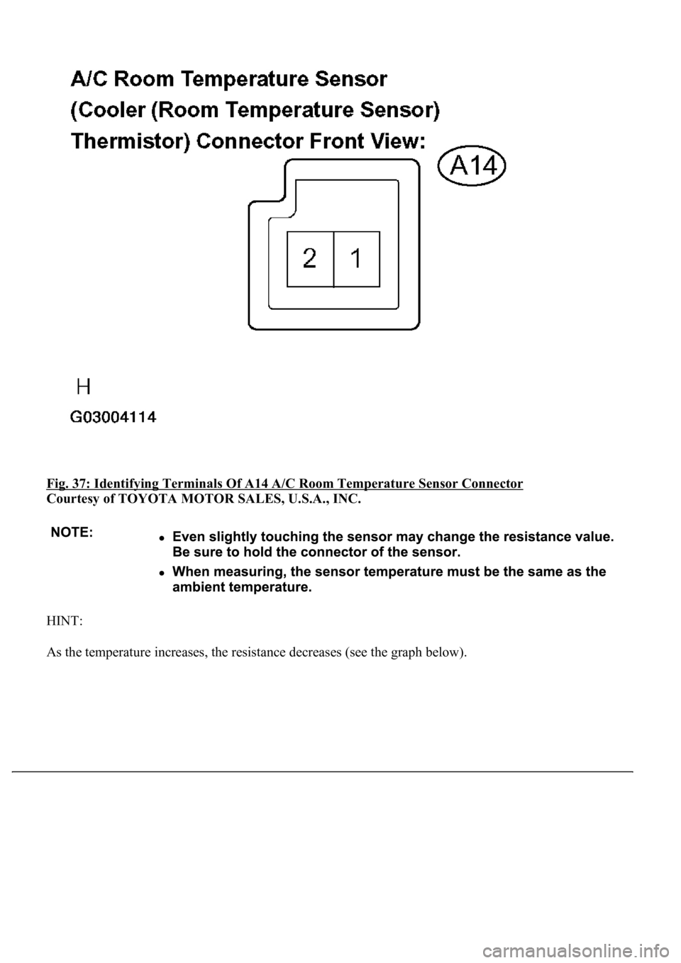LEXUS LS430 2003  Factory Repair Manual Fig. 37: Identifying Terminals Of A14 A/C Room Temperature Sensor Connector 
Courtesy of TOYOTA MOTOR SALES, U.S.A., INC. 
HINT: 
As the temperature increases, the resistance decreases (see the 
graph