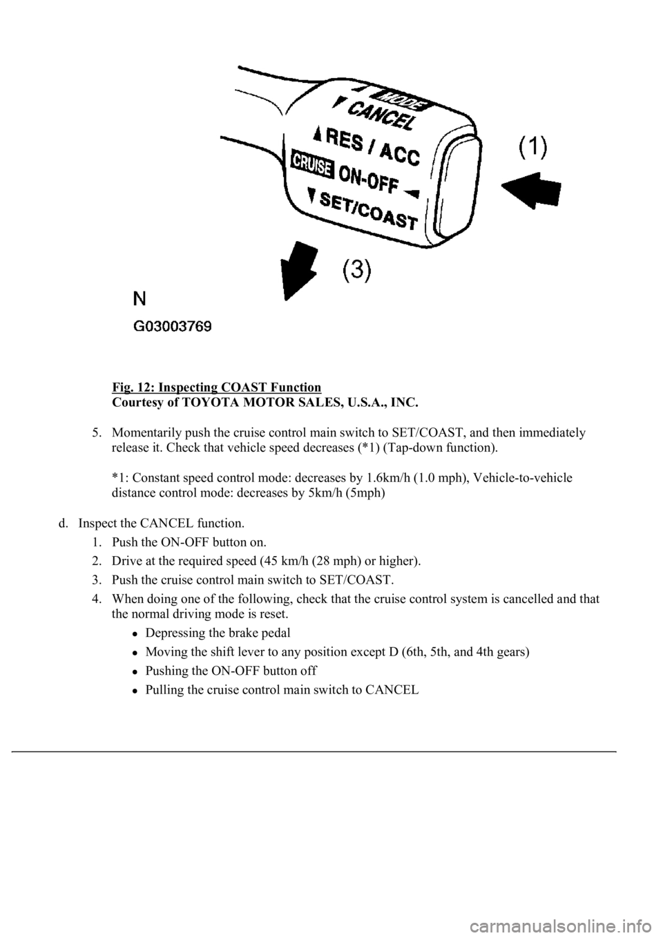 LEXUS LS430 2003  Factory Repair Manual Fig. 12: Inspecting COAST Function 
Courtesy of TOYOTA MOTOR SALES, U.S.A., INC. 
5. Momentarily push the cruise control main switch to SET/COAST, and then immediately 
release it. Check that vehicle 