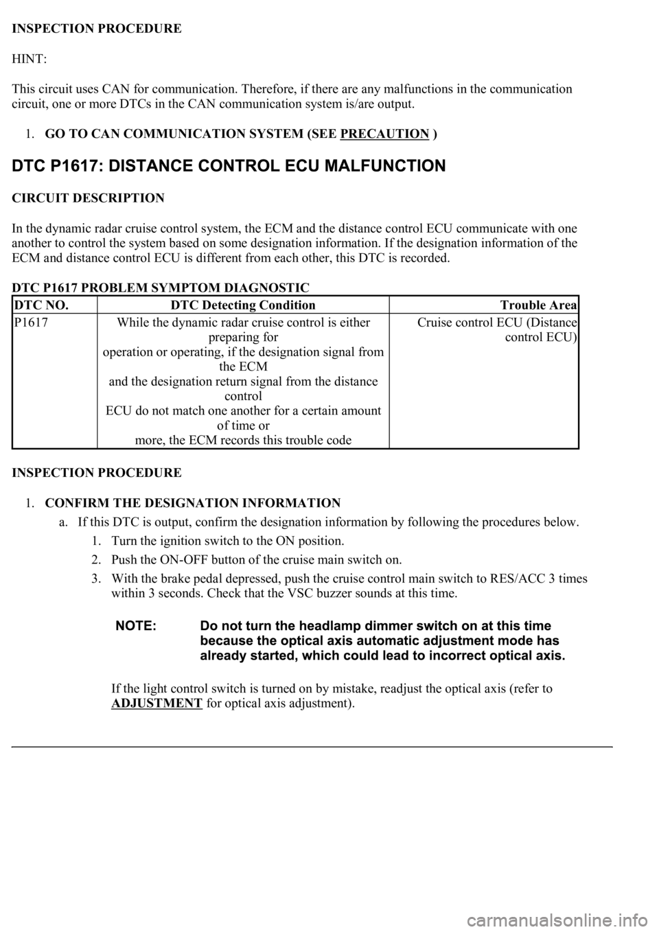 LEXUS LS430 2003  Factory Repair Manual INSPECTION PROCEDURE 
HINT: 
This circuit uses CAN for communication. Therefore, if there are any malfunctions in the communication 
circuit, one or more DTCs in the CAN communication system is/are ou