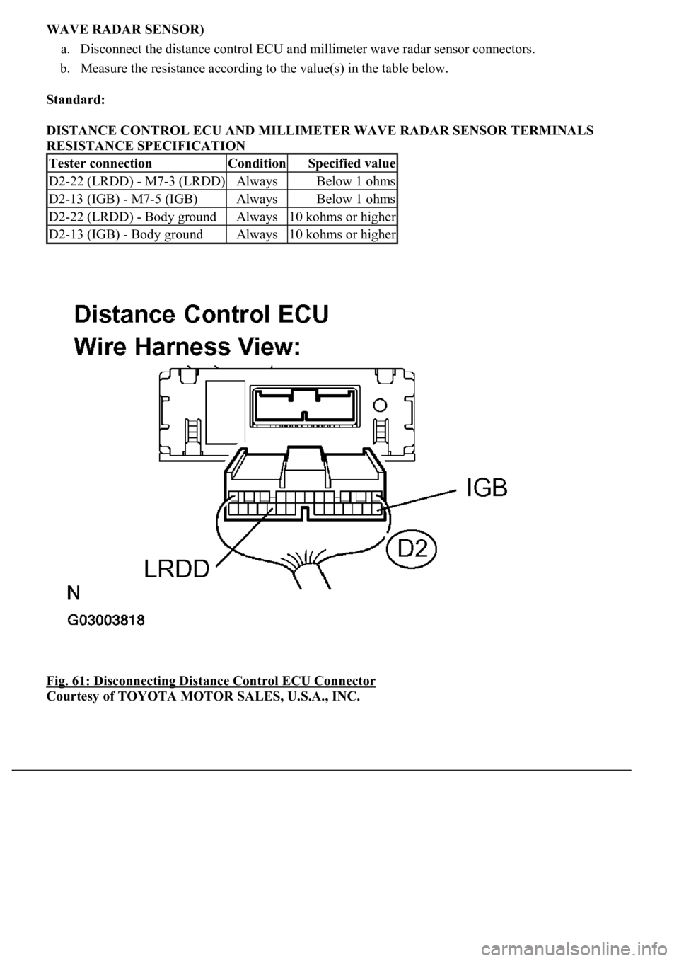 LEXUS LS430 2003  Factory Repair Manual WAVE RADAR SENSOR) 
a. Disconnect the distance control ECU and millimeter wave radar sensor connectors.  
b. Measure the resistance according to the value(s) in the table below.  
Standard:  
DISTANCE