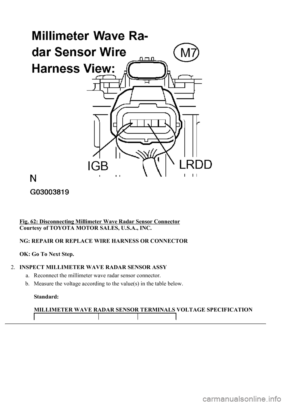 LEXUS LS430 2003  Factory Repair Manual Fig. 62: Disconnecting Millimeter Wave Radar Sensor Connector 
Courtesy of TOYOTA MOTOR SALES, U.S.A., INC. 
NG: REPAIR OR REPLACE WIRE HARNESS OR CONNECTOR  
OK: Go To Next Step.  
2.INSPECT MILLIMET