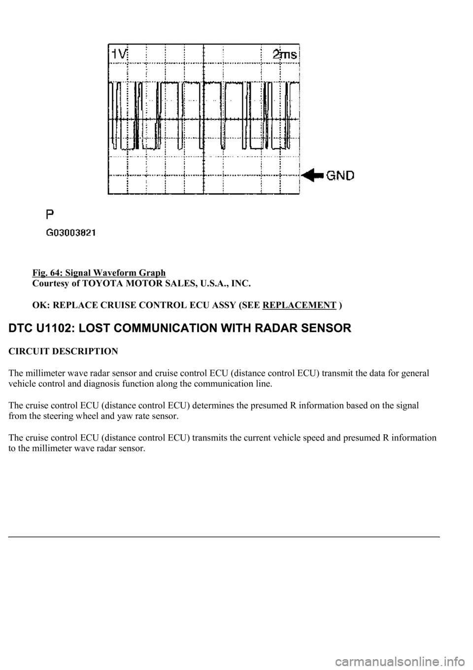 LEXUS LS430 2003  Factory Repair Manual Fig. 64: Signal Waveform Graph 
Courtesy of TOYOTA MOTOR SALES, U.S.A., INC. 
OK: REPLACE CRUISE CONTROL ECU ASSY (SEE REPLACEMENT
 )  
CIRCUIT DESCRIPTION 
The millimeter wave radar sensor and cruise