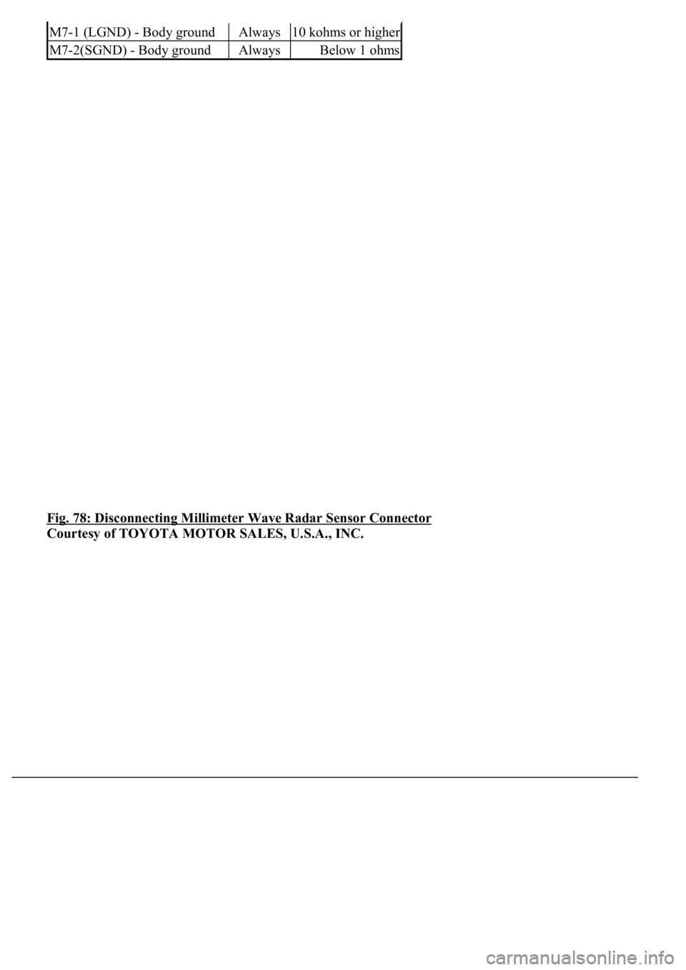 LEXUS LS430 2003  Factory Repair Manual Fig. 78: Disconnecting Millimeter Wave Radar Sensor Connector 
Courtesy of TOYOTA MOTOR SALES, U.S.A., INC.
M7-1 (LGND) - Body groundAlways10 kohms or higher
M7-2(SGND) - Body groundAlwaysBelow 1 ohms