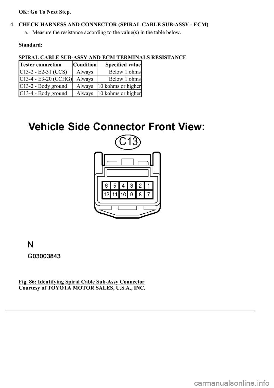 LEXUS LS430 2003  Factory Repair Manual OK: Go To Next Step. 
4.CHECK HARNESS AND CONNECTOR (SPIRAL CABLE SUB-ASSY - ECM) 
a. Measure the resistance according to the value(s) in the table below.  
Standard:  
SPIRAL CABLE SUB-ASSY AND ECM T