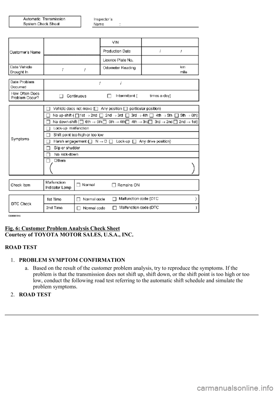 LEXUS LS430 2003  Factory Repair Manual Fig. 6: Customer Problem Analysis Check Sheet 
Courtesy of TOYOTA MOTOR SALES, U.S.A., INC. 
ROAD TEST 
1.PROBLEM SYMPTOM CONFIRMATION 
a. Based on the result of the customer problem analysis, try to 