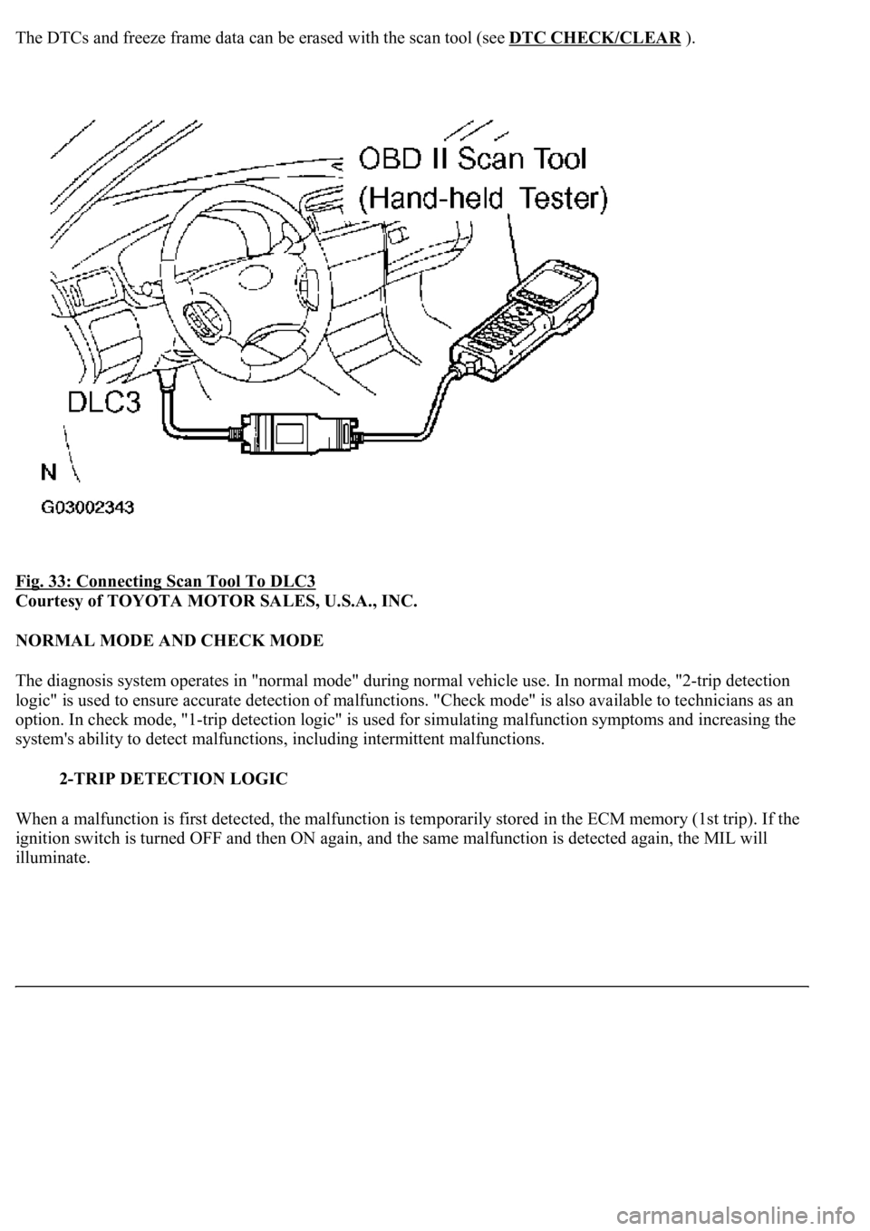 LEXUS LS430 2003  Factory Repair Manual The DTCs and freeze frame data can be erased with the scan tool (see DTC CHECK/CLEAR).
Fig. 33: Connecting Scan Tool To DLC3
 
Courtesy of TOYOTA MOTOR SALES, U.S.A., INC. 
NORMAL MODE AND CHECK MODE 