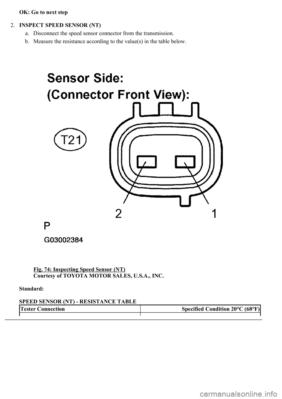 LEXUS LS430 2003  Factory Repair Manual OK: Go to next step  
2.INSPECT SPEED SENSOR (NT) 
a. Disconnect the speed sensor connector from the transmission.  
b. Measure the resistance according to the value(s) in the table below. 
Fig. 74: I