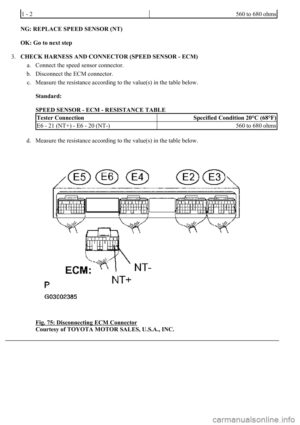 LEXUS LS430 2003  Factory Repair Manual NG: REPLACE SPEED SENSOR (NT)  
OK: Go to next step  
3.CHECK HARNESS AND CONNECTOR (SPEED SENSOR - ECM) 
a. Connect the speed sensor connector.  
b. Disconnect the ECM connector.  
c. Measure the res