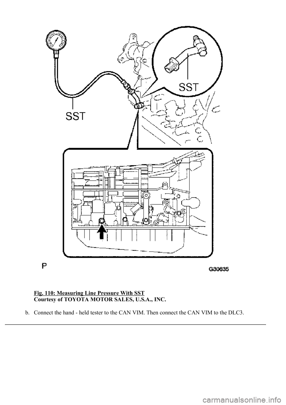 LEXUS LS430 2003  Factory Repair Manual Fig. 110: Measuring Line Pressure With SST 
Courtesy of TOYOTA MOTOR SALES, U.S.A., INC. 
b. Connect the hand - held tester to the CAN VIM. Then connect the CAN VIM to the DLC3.  