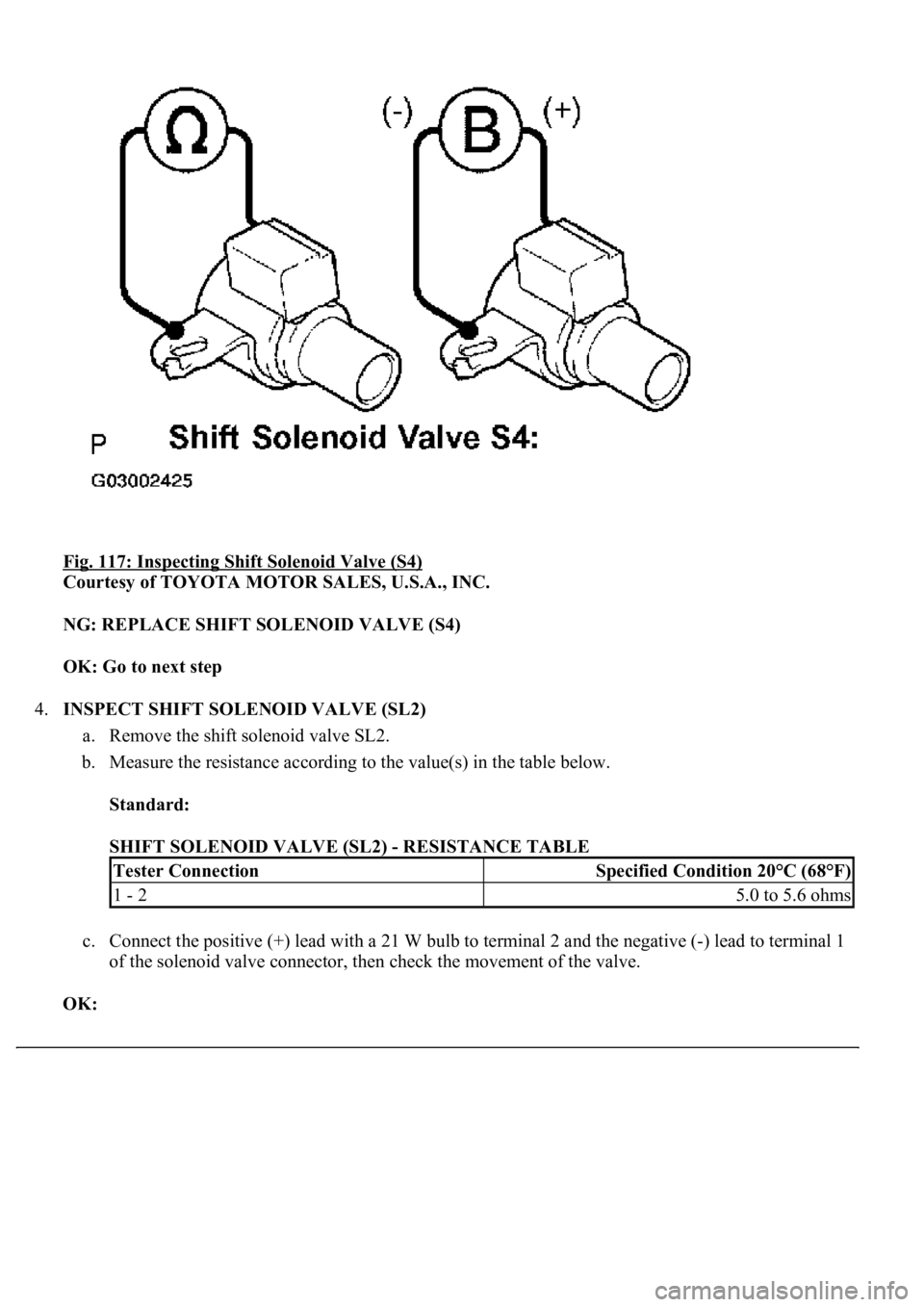 LEXUS LS430 2003  Factory Repair Manual Fig. 117: Inspecting Shift Solenoid Valve (S4) 
Courtesy of TOYOTA MOTOR SALES, U.S.A., INC. 
NG: REPLACE SHIFT SOLENOID VALVE (S4)  
OK: Go to next step  
4.INSPECT SHIFT SOLENOID VALVE (SL2) 
a. Rem