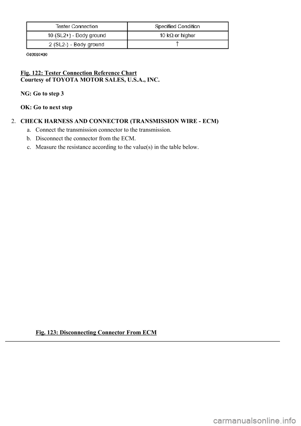 LEXUS LS430 2003  Factory Repair Manual Fig. 122: Tester Connection Reference Chart 
Courtesy of TOYOTA MOTOR SALES, U.S.A., INC. 
NG: Go to step 3  
OK: Go to next step  
2.CHECK HARNESS AND CONNECTOR (TRANSMISSION WIRE - ECM) 
a. Connect 