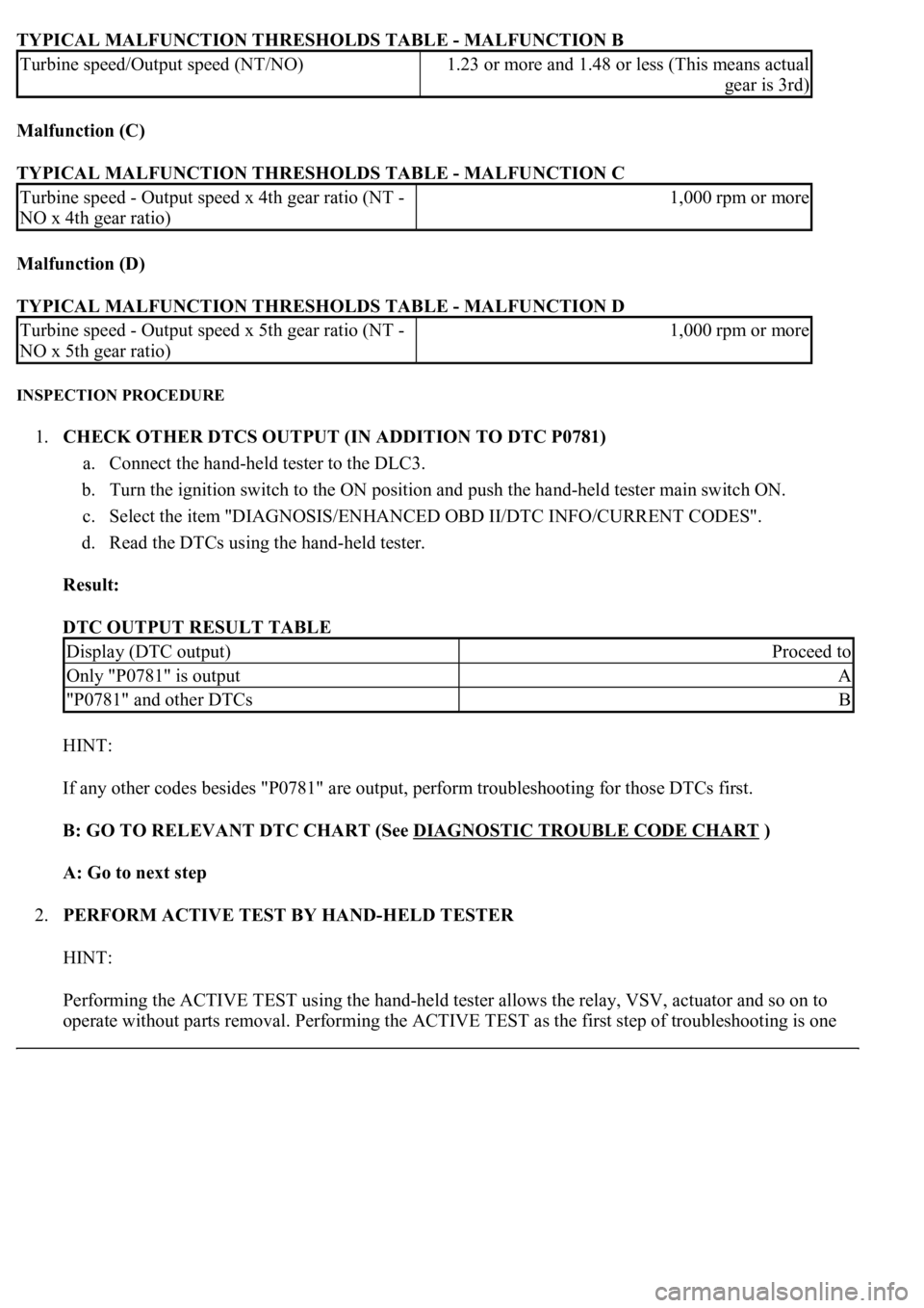LEXUS LS430 2003  Factory Repair Manual TYPICAL MALFUNCTION THRESHOLDS TABLE - MALFUNCTION B
Malfunction (C)  
TYPICAL MALFUNCTION THRESHOLDS TABLE - MALFUNCTION C 
Malfunction (D)  
TYPICAL MALFUNCTION THRESHOLDS TABLE - MALFUNCTION D 
INS