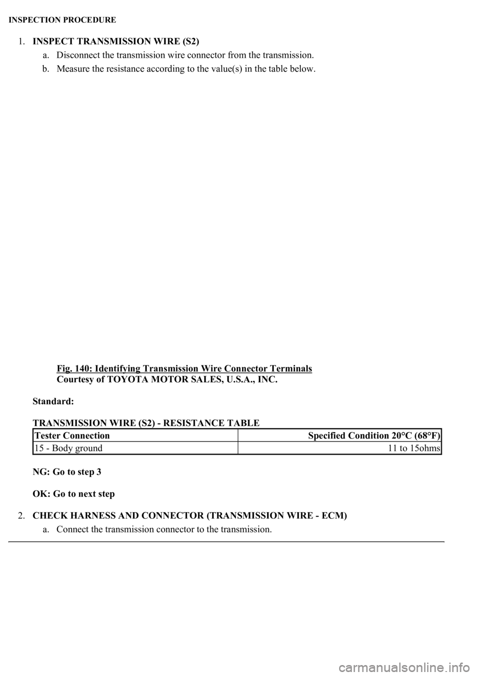 LEXUS LS430 2003  Factory Repair Manual INSPECTION PROCEDURE 
1.INSPECT TRANSMISSION WIRE (S2) 
a. Disconnect the transmission wire connector from the transmission.  
b. Measure the resistance according to the value(s) in the table below. 
