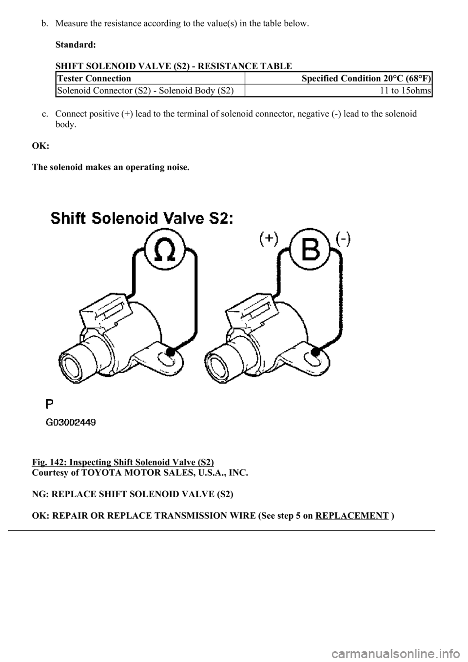 LEXUS LS430 2003  Factory Repair Manual b. Measure the resistance according to the value(s) in the table below. 
Standard:  
SHIFT SOLENOID VALVE (S2) - RESISTANCE TABLE 
c. Connect positive (+) lead to the terminal of solenoid connector, n