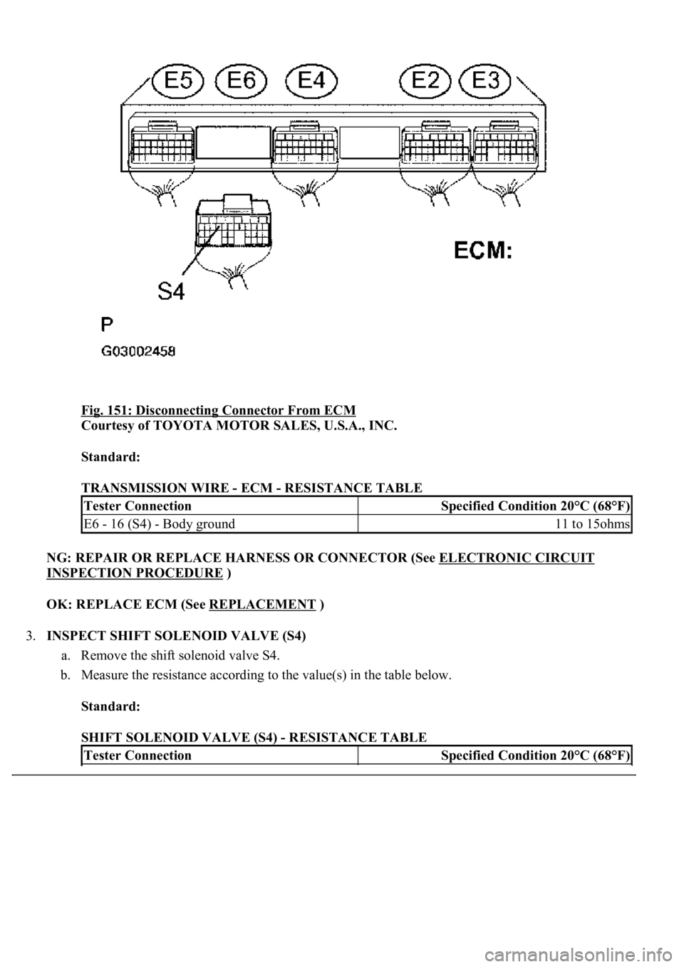 LEXUS LS430 2003  Factory Repair Manual Fig. 151: Disconnecting Connector From ECM 
Courtesy of TOYOTA MOTOR SALES, U.S.A., INC. 
Standard:  
TRANSMISSION WIRE - ECM - RESISTANCE TABLE 
NG: REPAIR OR REPLACE HARNESS OR CONNECTOR (See ELECTR
