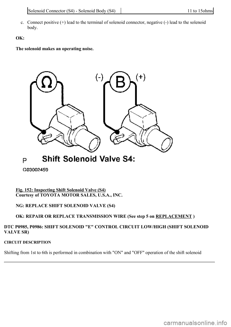 LEXUS LS430 2003  Factory Repair Manual c. Connect positive (+) lead to the terminal of solenoid connector, negative (-) lead to the solenoid 
body.  
OK:  
The solenoid makes an operating noise.  
Fig. 152: Inspecting Shift Solenoid Valve 