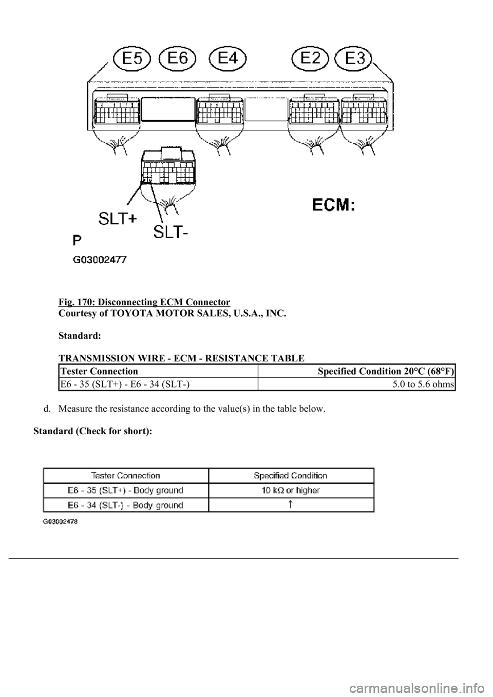 LEXUS LS430 2003  Factory Repair Manual Fig. 170: Disconnecting ECM Connector 
Courtesy of TOYOTA MOTOR SALES, U.S.A., INC. 
Standard:  
TRANSMISSION WIRE - ECM - RESISTANCE TABLE 
d. Measure the resistance according to the value(s) in the 