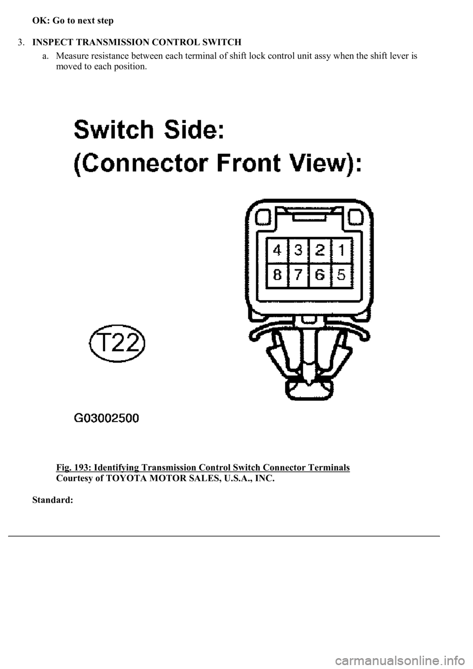 LEXUS LS430 2003  Factory Repair Manual OK: Go to next step  
3.INSPECT TRANSMISSION CONTROL SWITCH 
a. Measure resistance between each terminal of shift lock control unit assy when the shift lever is 
moved to each position. 
Fig. 193: Ide