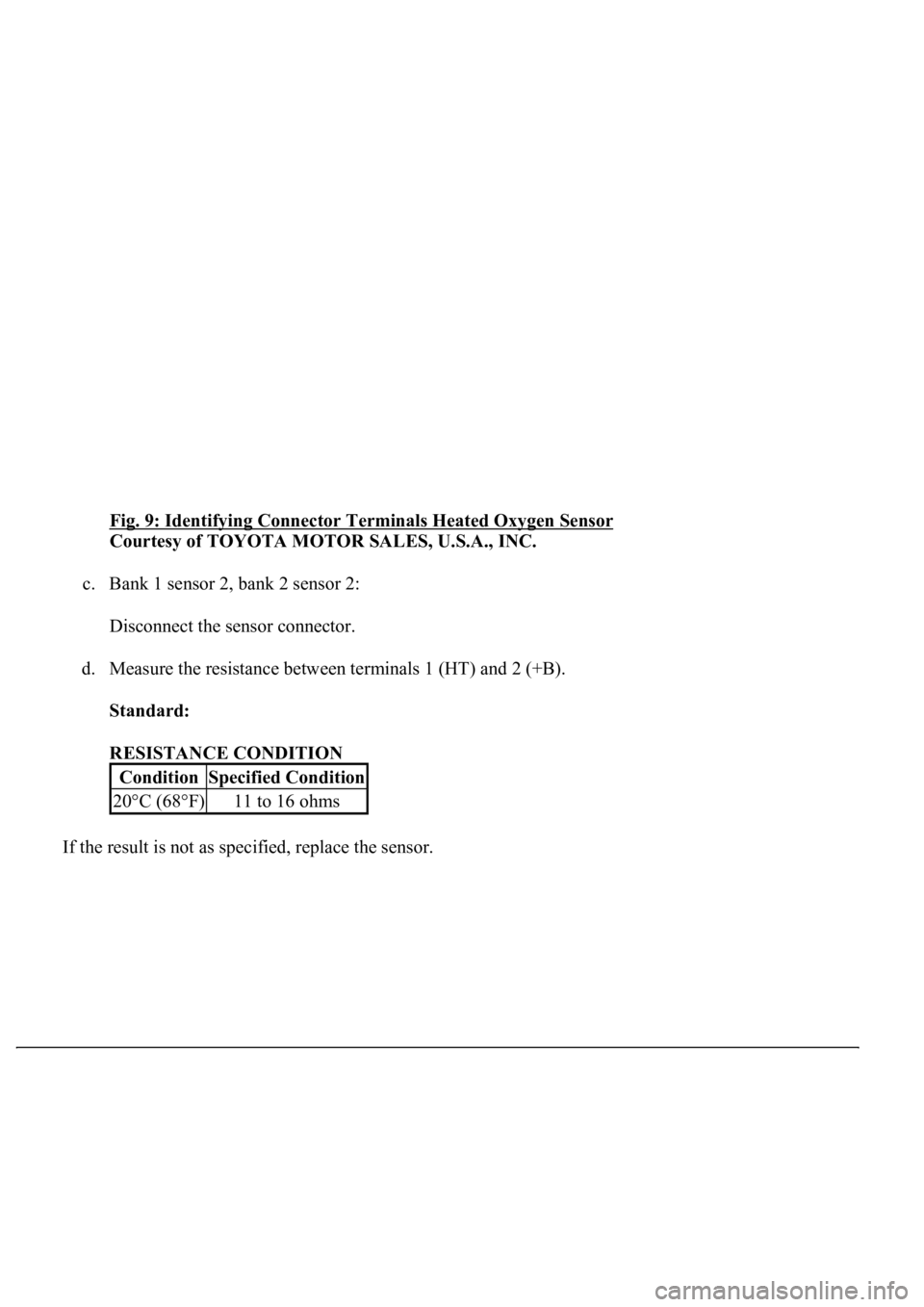 LEXUS LS430 2003  Factory Repair Manual Fig. 9: Identifying Connector Terminals Heated Oxygen Sensor 
Courtesy of TOYOTA MOTOR SALES, U.S.A., INC. 
c. Bank 1 sensor 2, bank 2 sensor 2: 
Disconnect the sensor connector. 
d. Measure the resis