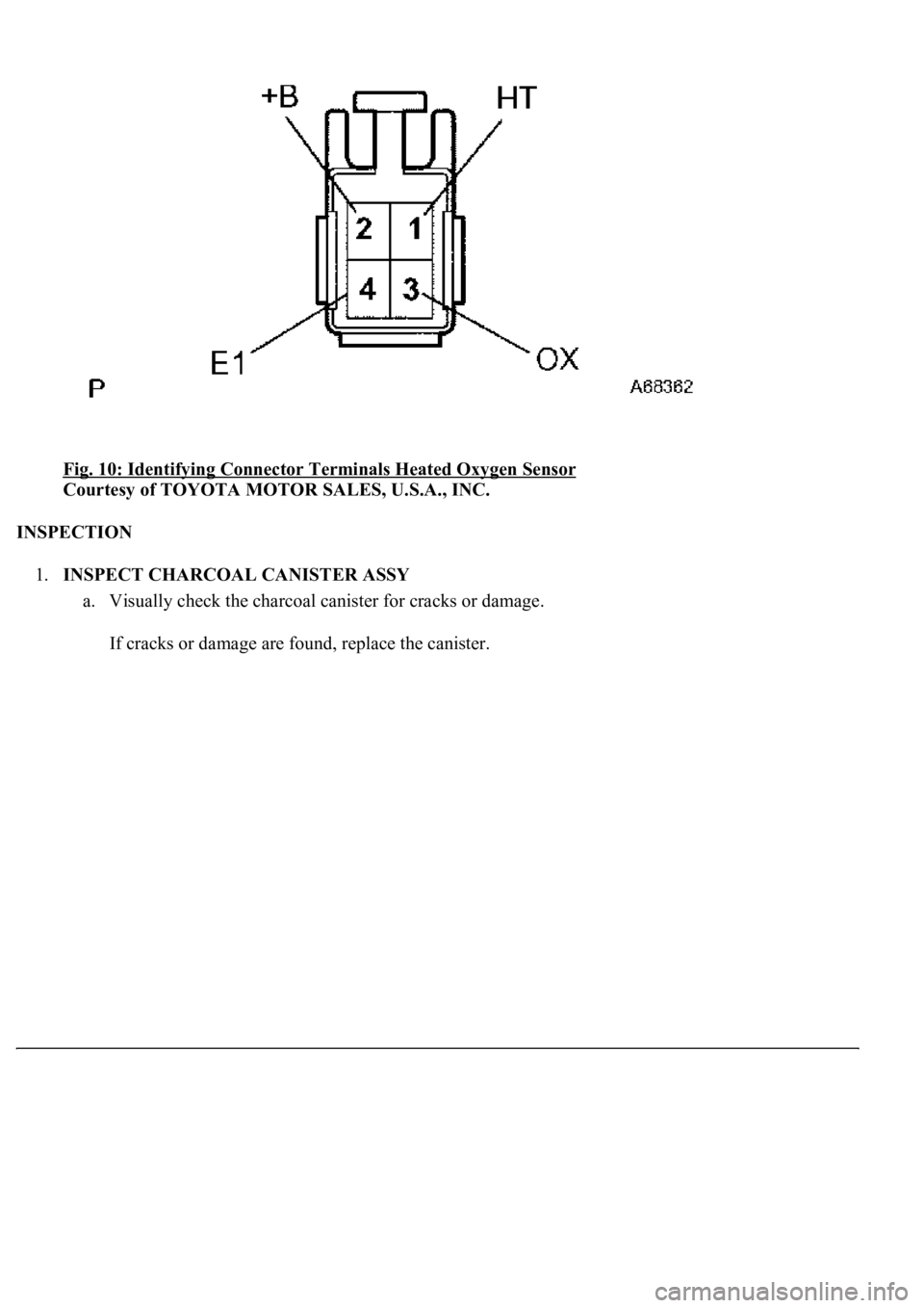 LEXUS LS430 2003  Factory Repair Manual Fig. 10: Identifying Connector Terminals Heated Oxygen Sensor 
Courtesy of TOYOTA MOTOR SALES, U.S.A., INC. 
INSPECTION 
1.INSPECT CHARCOAL CANISTER ASSY 
a. Visually check the charcoal canister for c