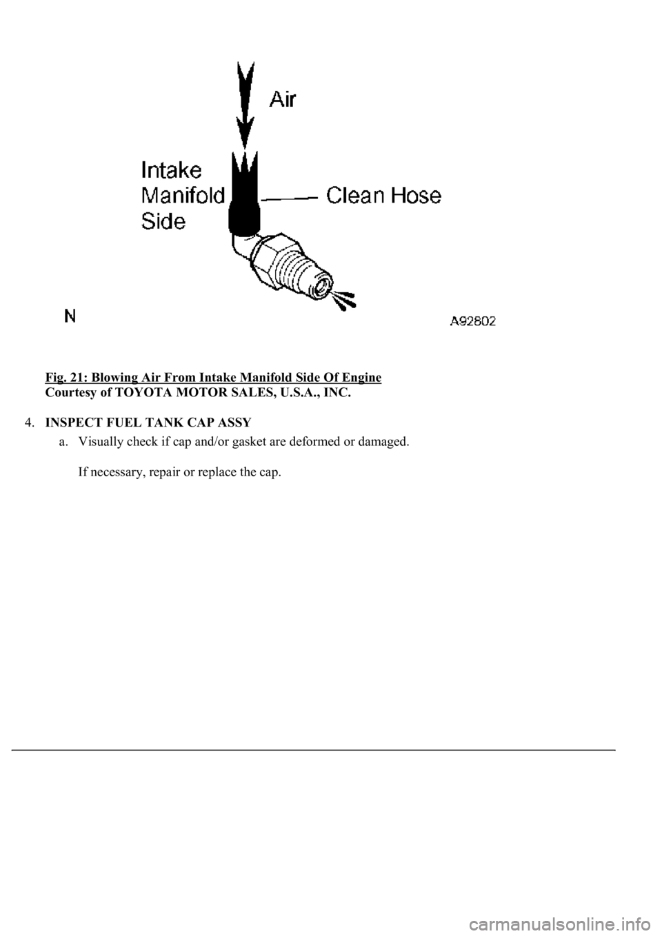 LEXUS LS430 2003  Factory Repair Manual Fig. 21: Blowing Air From Intake Manifold Side Of Engine 
Courtesy of TOYOTA MOTOR SALES, U.S.A., INC. 
4.INSPECT FUEL TANK CAP ASSY 
a. Visually check if cap and/or gasket are deformed or damaged. 
I