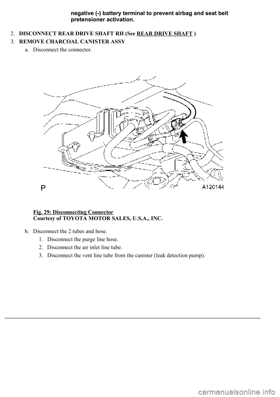 LEXUS LS430 2003  Factory Repair Manual 2.DISCONNECT REAR DRIVE SHAFT RH (See REAR DRIVE SHAFT )  
3.REMOVE CHARCOAL CANISTER ASSY 
a. Disconnect the connector. 
Fig. 29: Disconnecting Connector
 
Courtesy of TOYOTA MOTOR SALES, U.S.A., INC