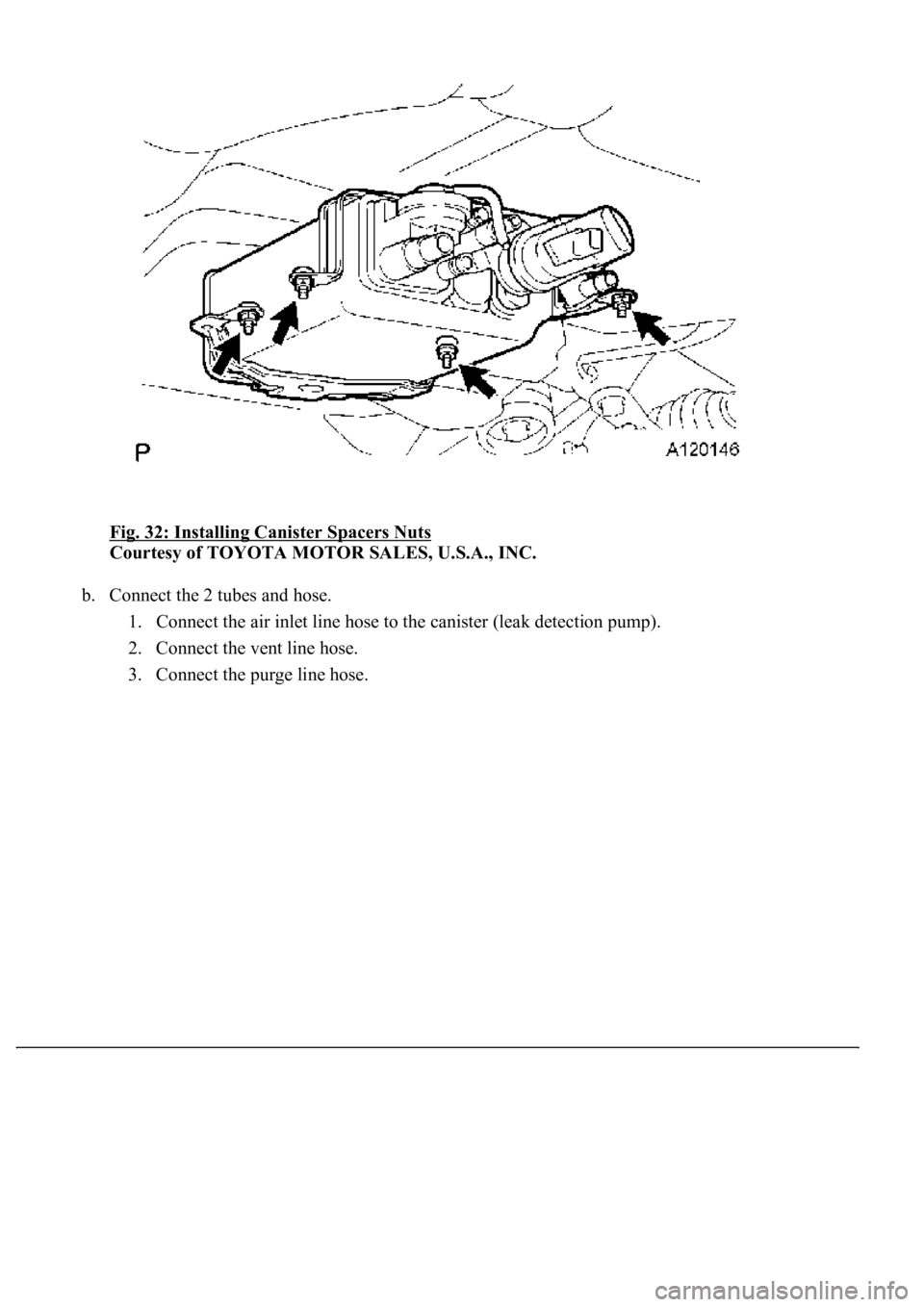 LEXUS LS430 2003  Factory Repair Manual Fig. 32: Installing Canister Spacers Nuts 
Courtesy of TOYOTA MOTOR SALES, U.S.A., INC. 
b. Connect the 2 tubes and hose. 
1. Connect the air inlet line hose to the canister (leak detection pump).  
2