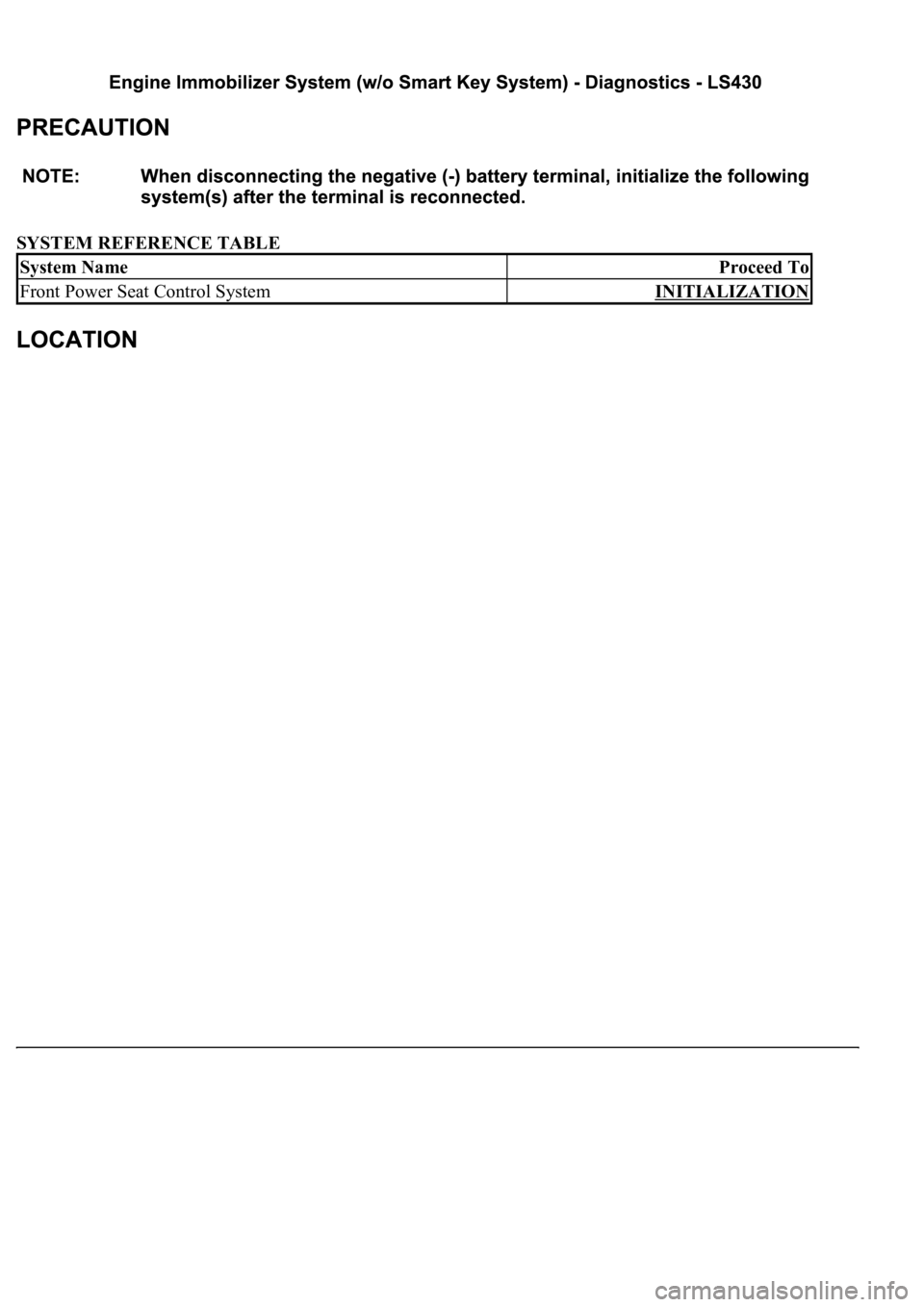 LEXUS LS430 2003  Factory Repair Manual SYSTEM REFERENCE TABLE 
System NameProceed To
Front Power Seat Control SystemINITIALIZATION 