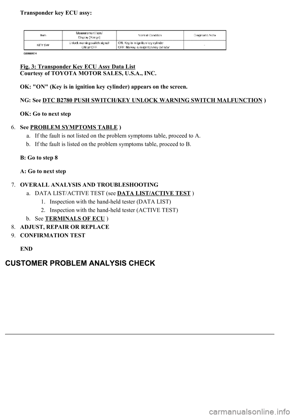 LEXUS LS430 2003  Factory Repair Manual Transponder key ECU assy:  
Fig. 3: Transponder Key ECU Assy Data List
 
Courtesy of TOYOTA MOTOR SALES, U.S.A., INC. 
OK: "ON" (Key is in ignition key cylinder) appears on the screen.  
NG: S