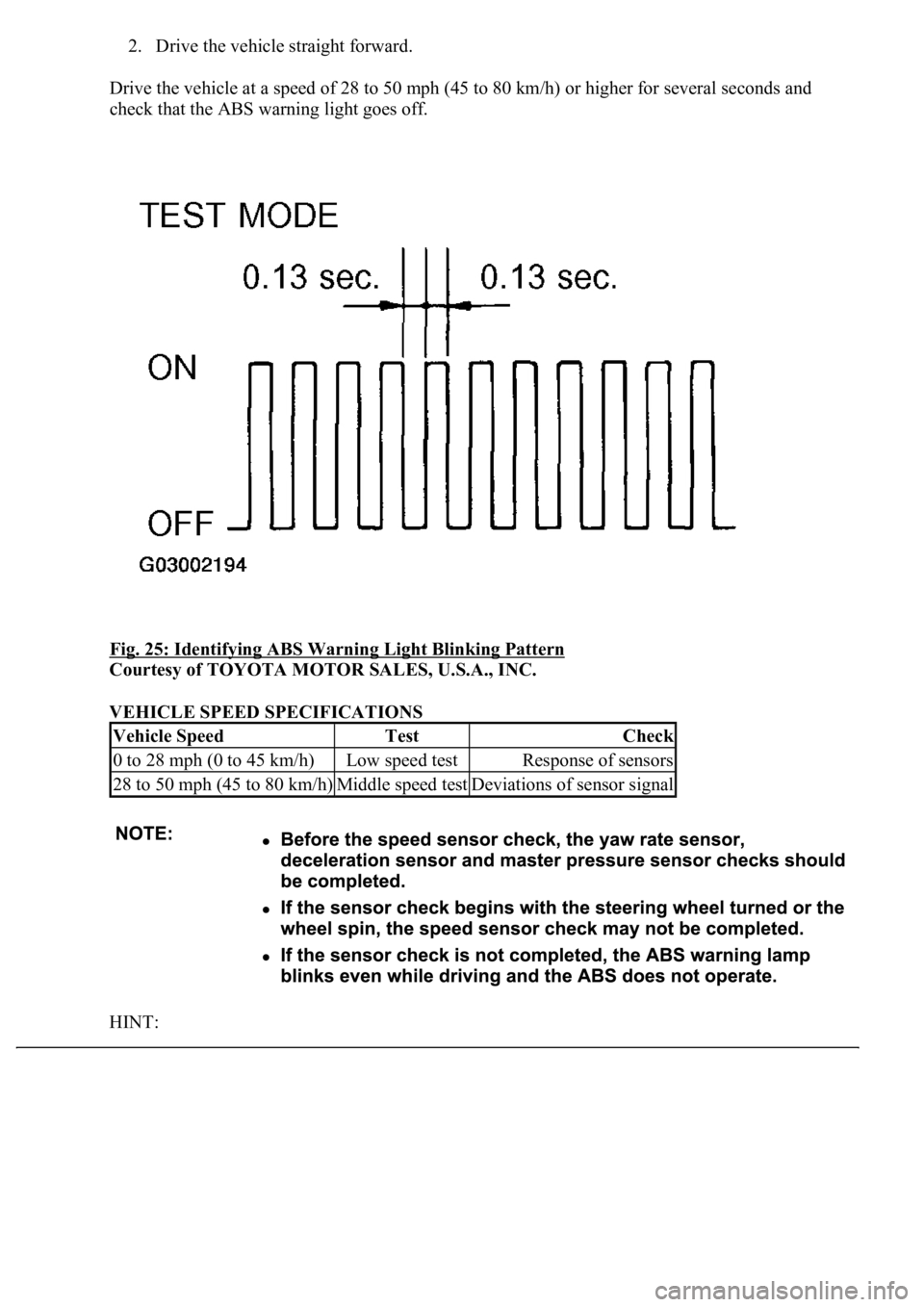LEXUS LS430 2003  Factory Repair Manual 2. Drive the vehicle straight forward.  
Drive the vehicle at a speed of 28 to 50 mph (45 to 80 km/h) or higher for several seconds and 
check that the ABS warning light goes off. 
Fig. 25: Identifyin