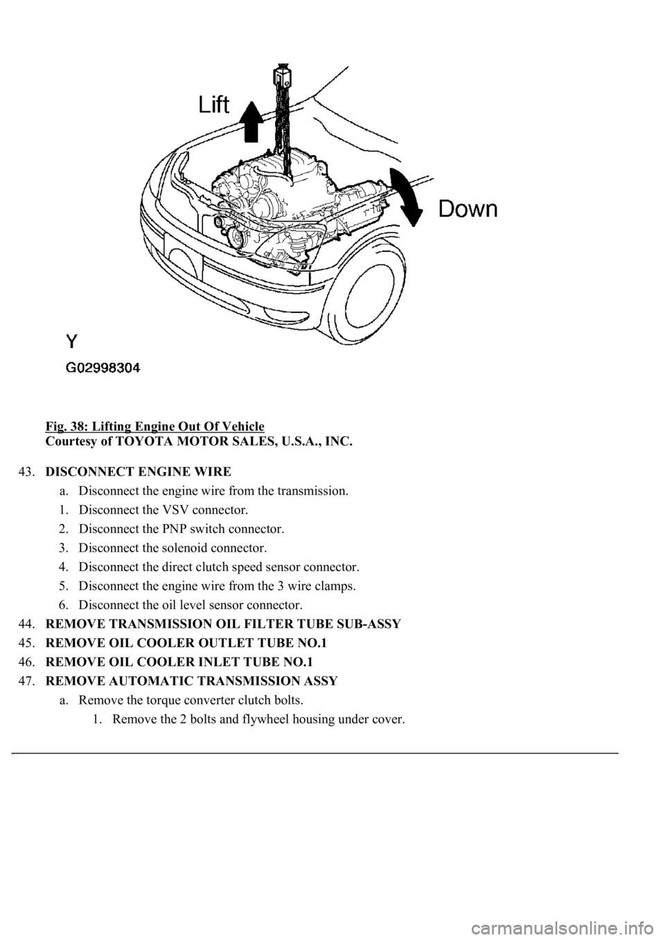 LEXUS LS430 2003  Factory Repair Manual Fig. 38: Lifting Engine Out Of Vehicle 
Courtesy of TOYOTA MOTOR SALES, U.S.A., INC. 
43.DISCONNECT ENGINE WIRE 
a. Disconnect the engine wire from the transmission.  
1. Disconnect the VSV connector.