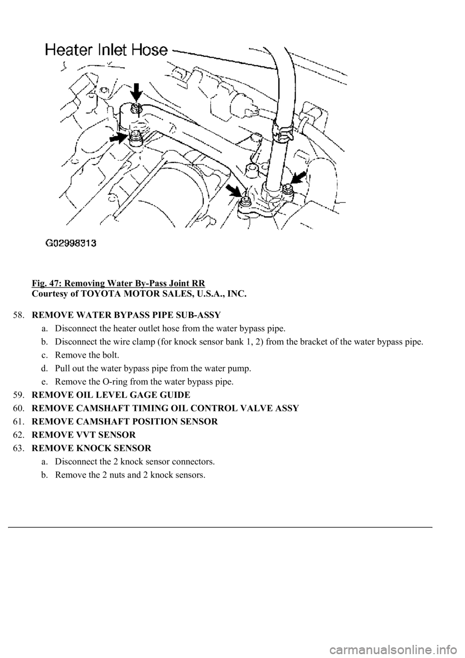 LEXUS LS430 2003  Factory Repair Manual Fig. 47: Removing Water By-Pass Joint RR 
Courtesy of TOYOTA MOTOR SALES, U.S.A., INC. 
58.REMOVE WATER BYPASS PIPE SUB-ASSY 
a. Disconnect the heater outlet hose from the water bypass pipe.  
b. Disc