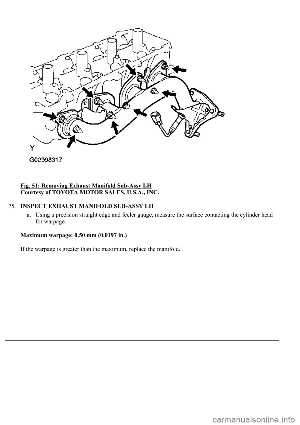 LEXUS LS430 2003  Factory Repair Manual Fig. 51: Removing Exhaust Manifold Sub-Assy LH 
Courtesy of TOYOTA MOTOR SALES, U.S.A., INC. 
75.INSPECT EXHAUST MANIFOLD SUB-ASSY LH 
a. Using a precision straight edge and feeler gauge, measure the 