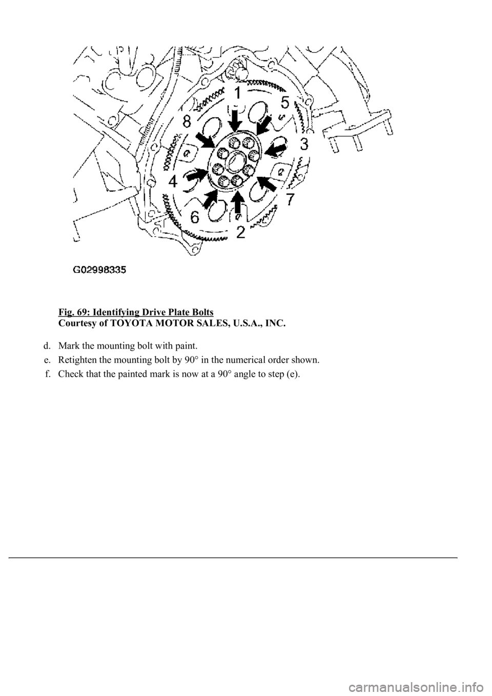 LEXUS LS430 2003  Factory Repair Manual Fig. 69: Identifying Drive Plate Bolts 
Courtesy of TOYOTA MOTOR SALES, U.S.A., INC. 
d. Mark the mounting bolt with paint.  
e. Retighten the mounting bolt by 90° in the numerical order shown.  
f. 