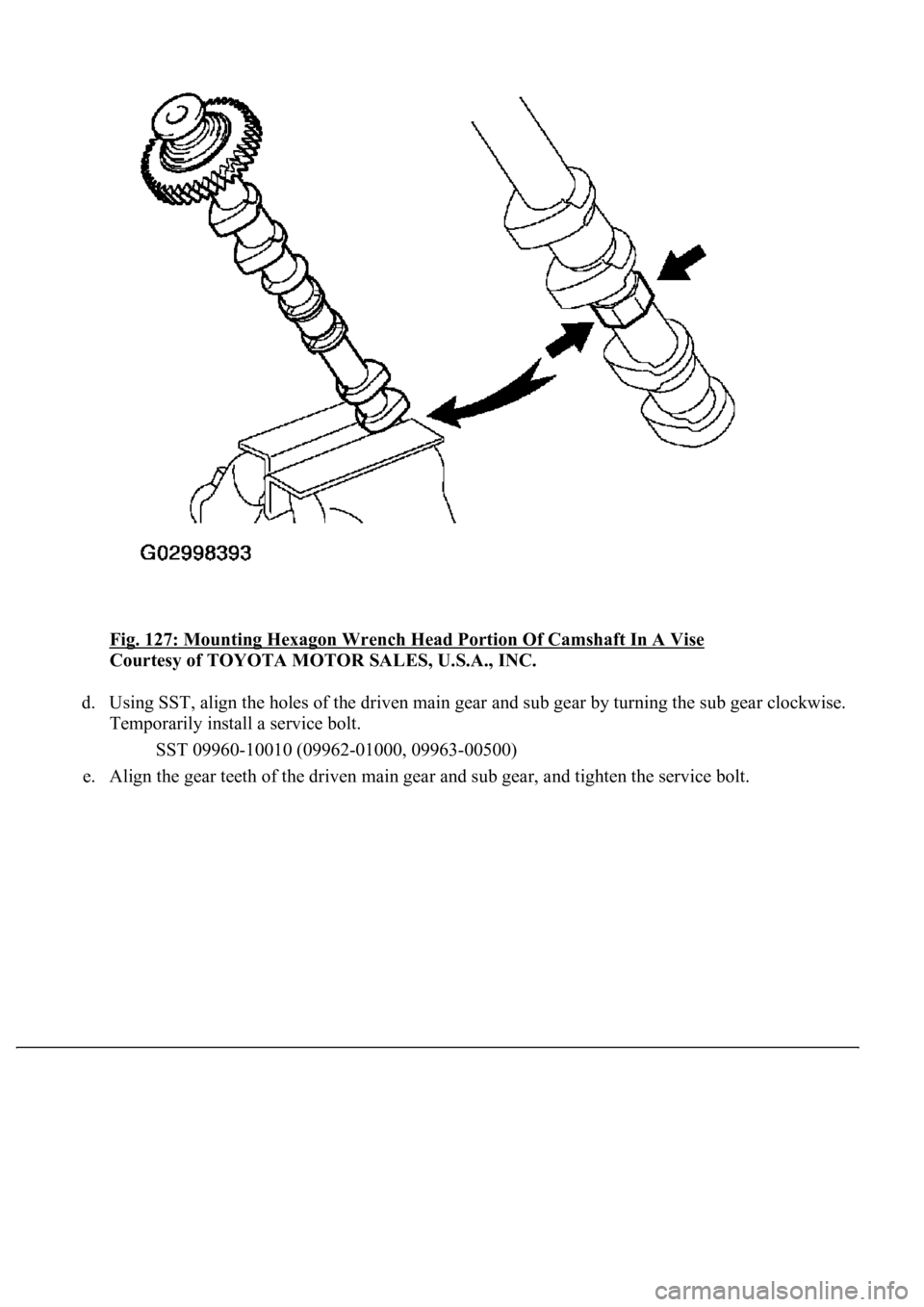 LEXUS LS430 2003  Factory Repair Manual Fig. 127: Mounting Hexagon Wrench Head Portion Of Camshaft In A Vise 
Courtesy of TOYOTA MOTOR SALES, U.S.A., INC. 
d. Using SST, align the holes of the driven main gear and sub gear by turning the su